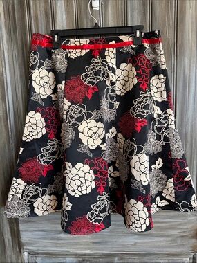 Floral A-Line Skirt in Black, Cream & Red